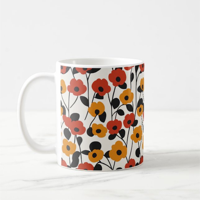 Bold Retro Floral Pattern Red, Orange, and Black Coffee Mug (Left)