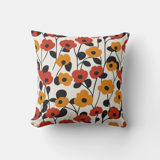 Bold Retro Floral Pattern Red, Orange, and Black Cushion (Front)