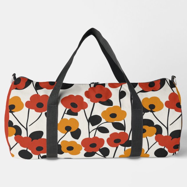 Bold Retro Floral Pattern Red, Orange, and Black Duffle Bag (Front)