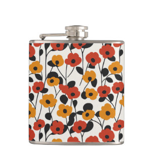 Bold Retro Floral Pattern Red, Orange, and Black Hip Flask