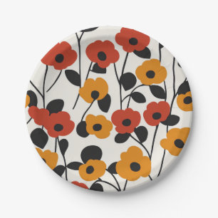 Bold Retro Floral Pattern Red, Orange, and Black Paper Plate