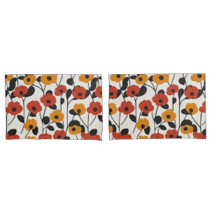 Bold Retro Floral Pattern Red, Orange, and Black Pillowcase