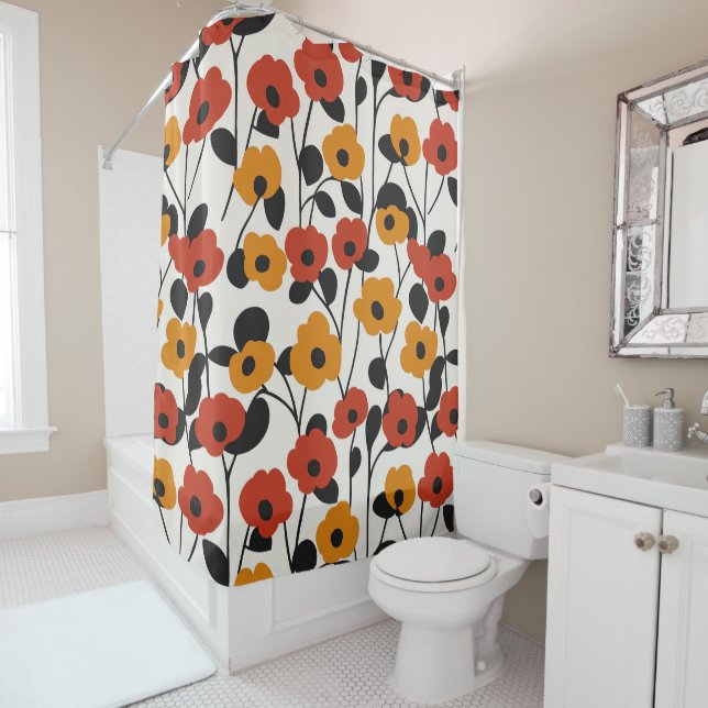 Bold Retro Floral Pattern Red, Orange, and Black Shower Curtain (In Situ)