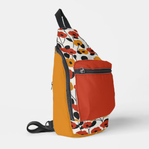 Bold Retro Floral Pattern Red, Orange, and Black Sling Bag
