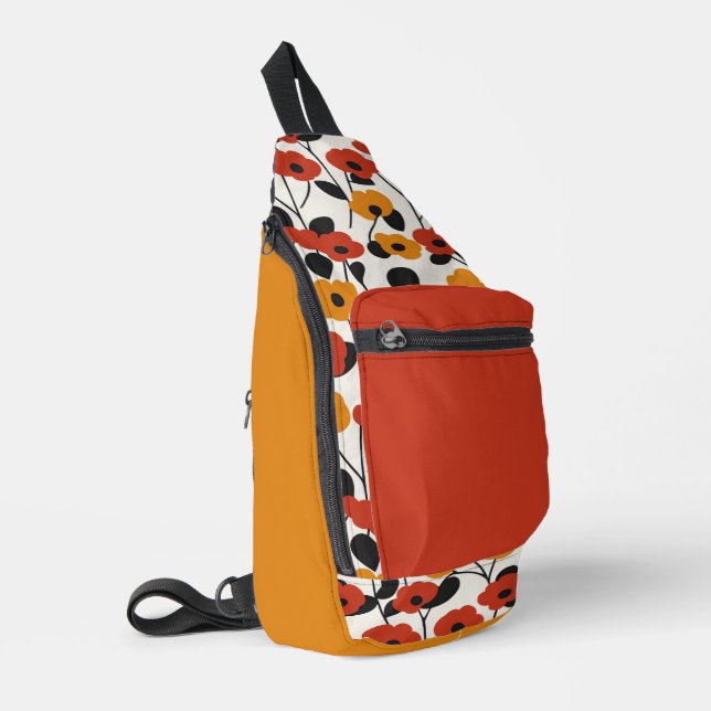 Bold Retro Floral Pattern Red, Orange, and Black Sling Bag (Left Corner)