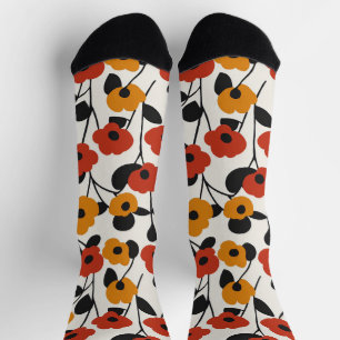 Bold Retro Floral Pattern Red, Orange, and Black Socks
