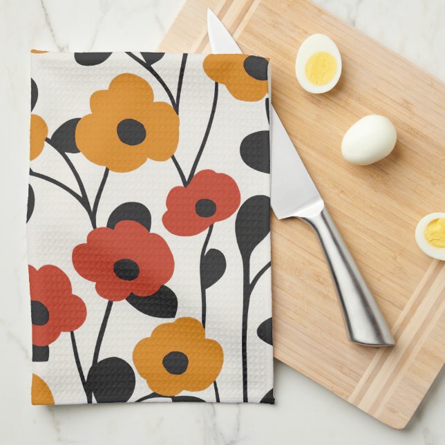 Bold Retro Floral Pattern Red, Orange, and Black Tea Towel (Quarter Fold)