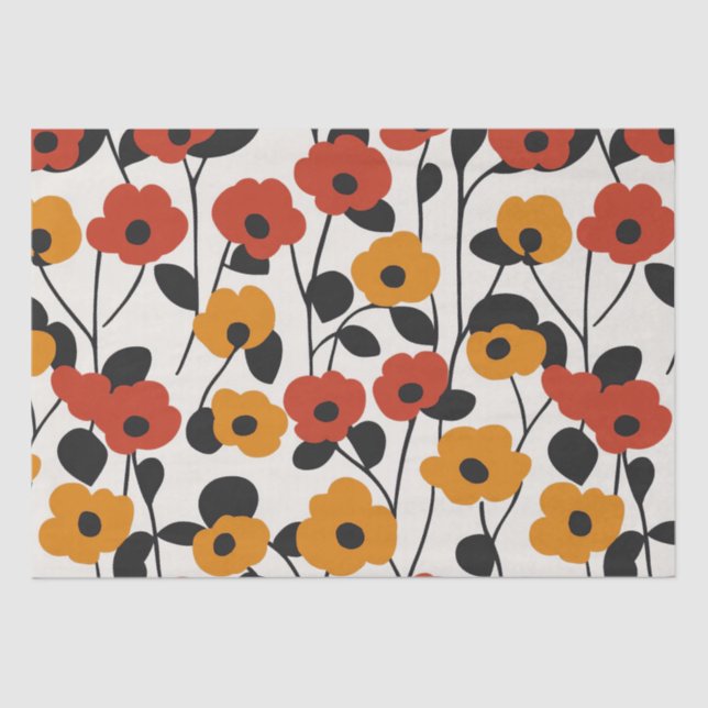 Bold Retro Floral Pattern Red, Orange, and Black Tissue Paper (Front)