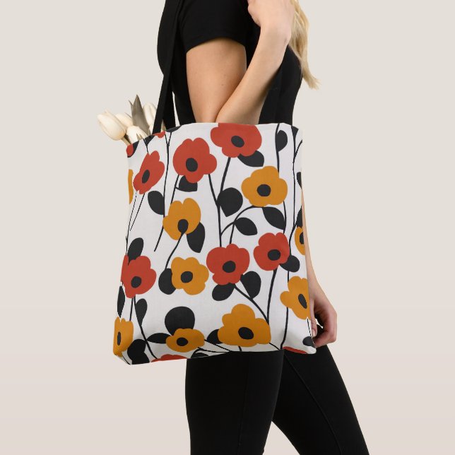Bold Retro Floral Pattern Red, Orange, and Black Tote Bag (Close Up)