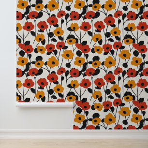 Bold Retro Floral Pattern Red, Orange, and Black Wallpaper