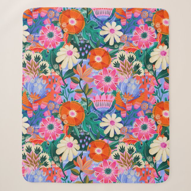 Bold Retro Floral Pattern Sherpa Blanket (Front)