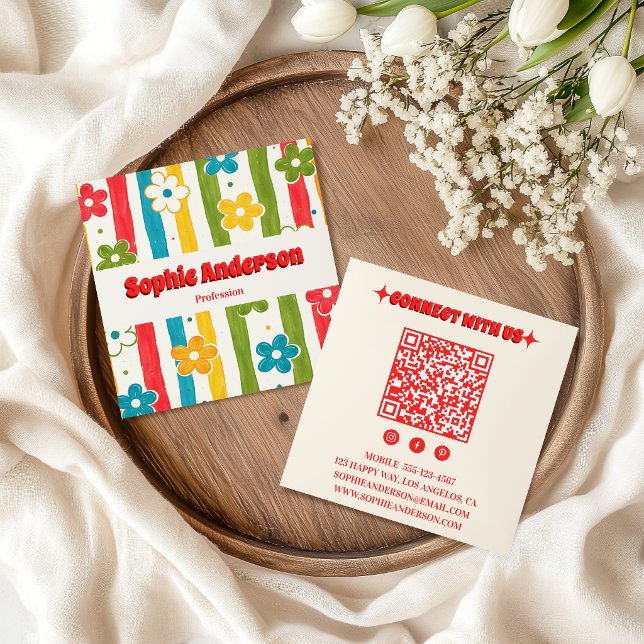 Bold Retro Floral QR Code with Red Typography Square Business Card (Creator Uploaded)