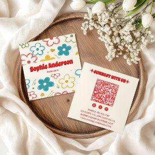 Bold Retro Floral QR Code with Red Typography Square Business Card
