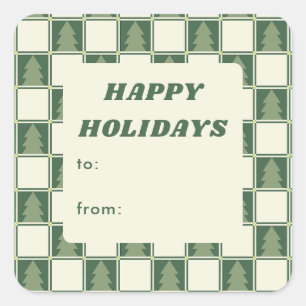 Bold Retro Green Holiday Chequered Tree to from Square Sticker