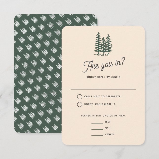 Bold Retro Green Mountain Forest Wedding RSVP Card (Front/Back)