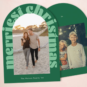 Bold Retro Green Photo Merriest Arch Holiday Card