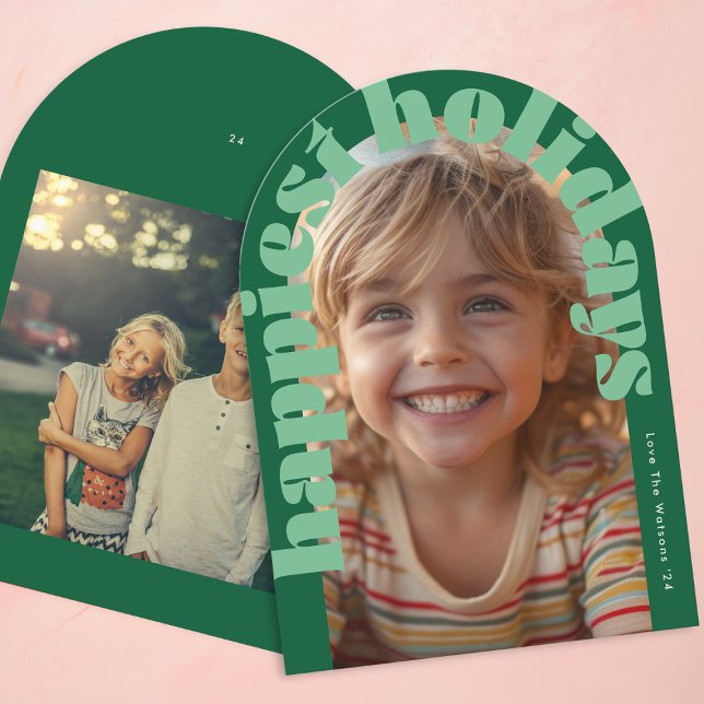 Bold Retro Green Photo Modern Arch Christmas Card (Creator Uploaded)