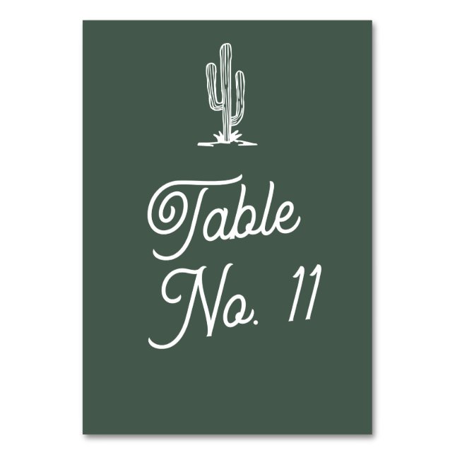 Bold Retro Green Saguaro Cactus Desert Wedding Table Number (Front)