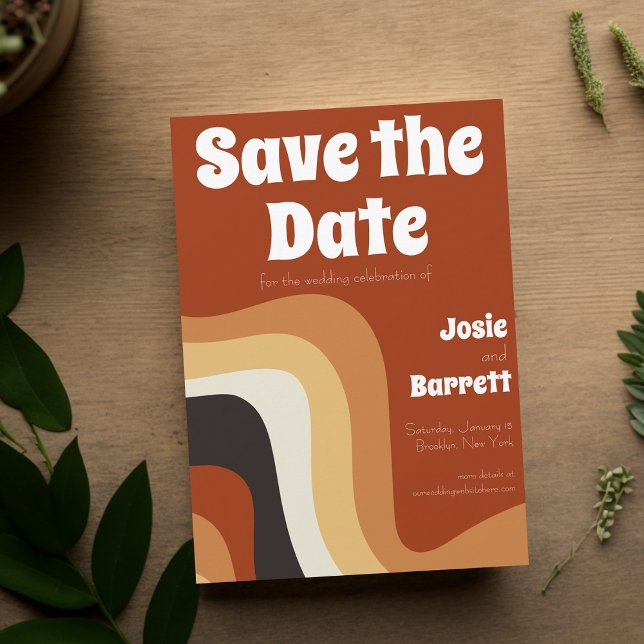 Bold Retro Groovy 70s Wavy Orange Brown Funky Save The Date (Creator Uploaded)