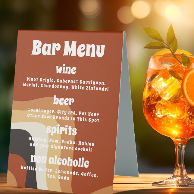 Bold Retro Groovy Orange 70s Boho Wedding Bar Menu (Creator Uploaded)