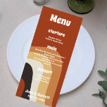 Bold Retro Groovy Orange 70s Wedding Dinner Menu<br><div class="desc">This groovy retro wedding dinner menu features wavy lines in tan,  brown,  and orange,  reminiscent of the 70s and hippie lifestyle. A bold vintage menu with funky white script next to the abstract curvy lines. Groove along with these fun earth tones.</div>