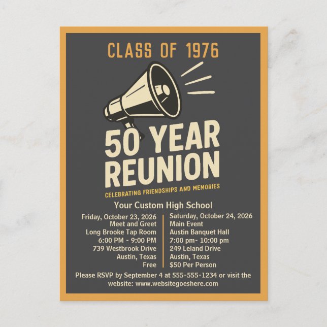Bold Retro High School Reunion Pep Rally Megaphone Postcard (Front)