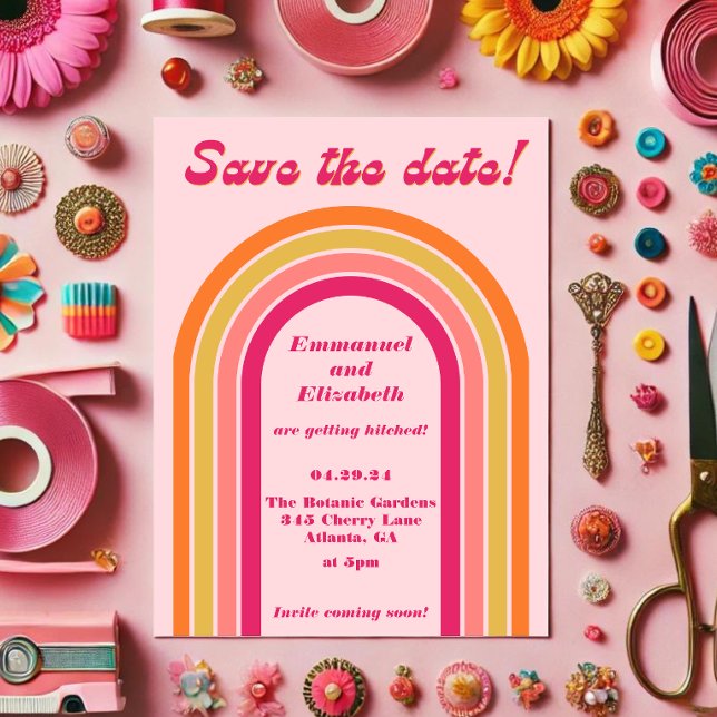 Bold Retro Hot Pink, Orange & Yellow Wedding Save The Date (Creator Uploaded)