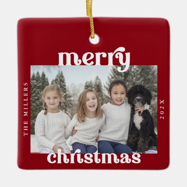 Bold Retro Merry Christmas red  Photo  Ceramic Ornament (Front)
