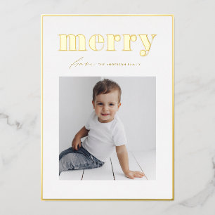 Bold Retro Merry Typography Family Photo Christmas Foil Holiday Card