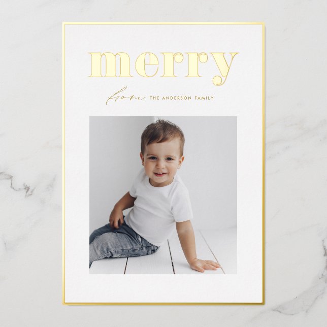 Bold Retro Merry Typography Family Photo Christmas Foil Holiday Card (Front)