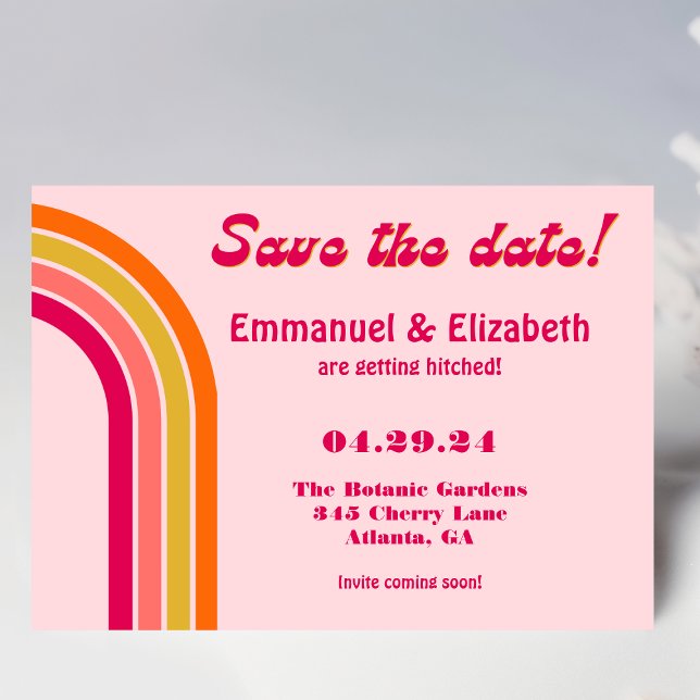 Bold Retro Pastel Pink, Hot Pink & Orange Wedding Save The Date (Creator Uploaded)
