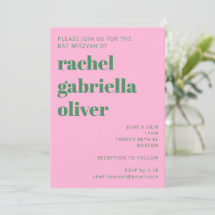 Bold Retro Pink and Green Simple Cute Bat Mitzvah Invitation
