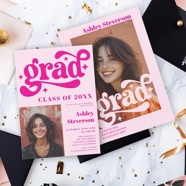 Bold Retro Pink Groovy 2 photos Graduation Party Invitation (Bold Retro Pink Groovy 2 photos Graduation Party Invitation)