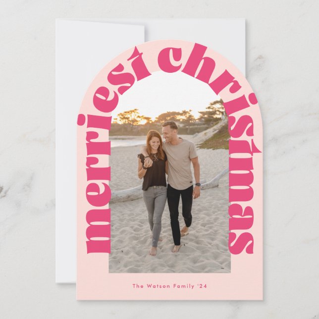 Bold Retro Pink Photo Merriest Arch Holiday Card (Front)