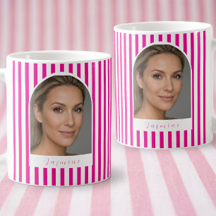 Bold Retro Pink White Stripes Custom Photo Name C Coffee Mug