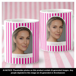 Bold Retro Pink White Stripes Custom Photo Name C Coffee Mug