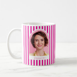 Bold Retro Pink White Stripes Custom Photo Name C Coffee Mug
