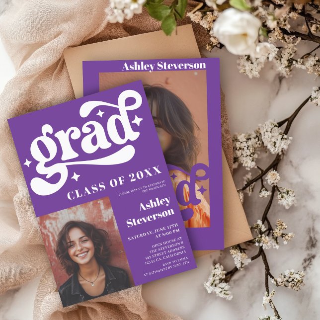 Bold Retro Purple Groovy 2 photos Graduation Party Invitation (Bold Retro Purple Groovy 2 photos Graduation Party Invitation)