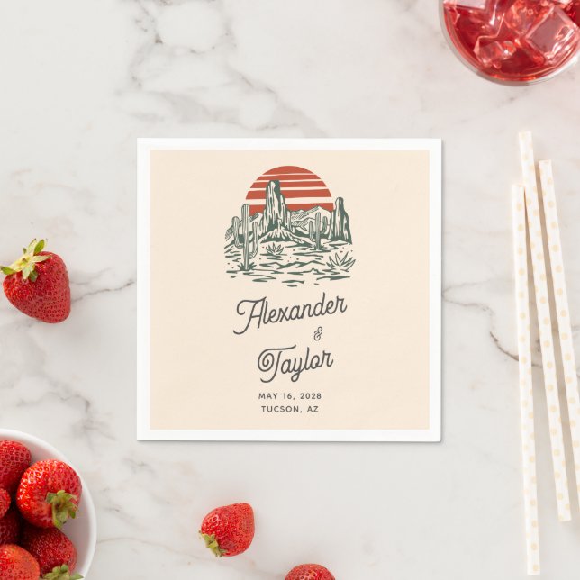 Bold Retro Saguaro Cacti Desert Landscape Wedding  Napkin (Insitu)