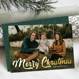 Bold Retro Script Merry Christmas 2 Photo Foil Holiday Card