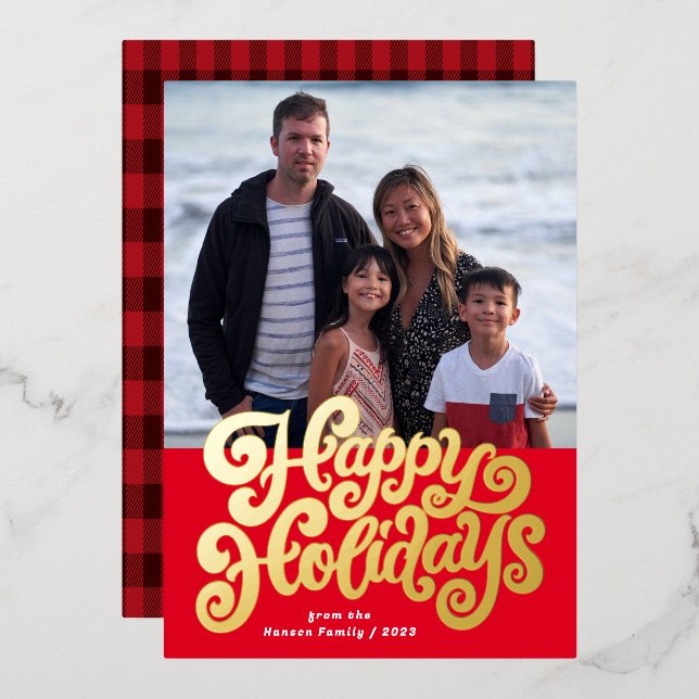 Bold Retro Script Square Photo Foil Holiday Card (Front/Back)