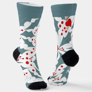 Bold Retro Teal Holly and Berries Holiday Socks