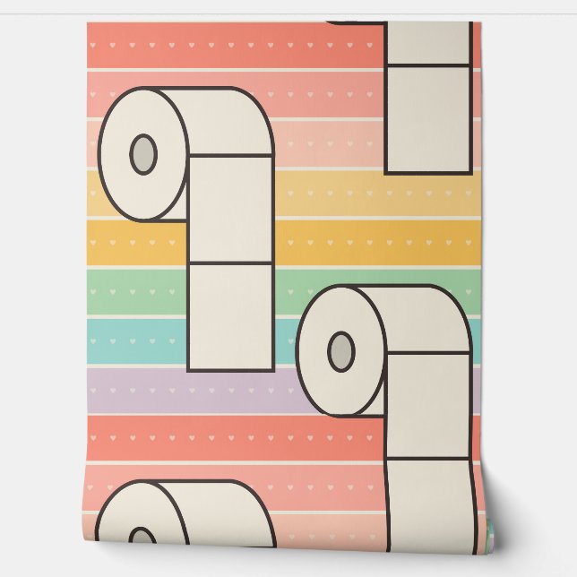 Bold retro toilet paper rolls on rainbow stripes wallpaper (Unrolling)