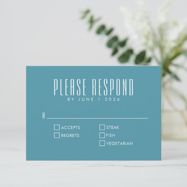 Bold Retro Typography Chic Colourful Teal Wedding RSVP Card (Standing Front)