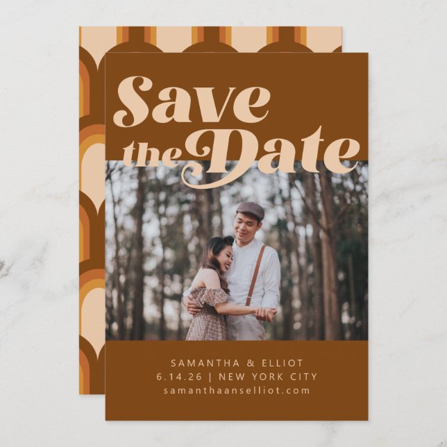 Bold Retro Typography Groovy Brown Photo Wedding Save The Date (Front/Back)