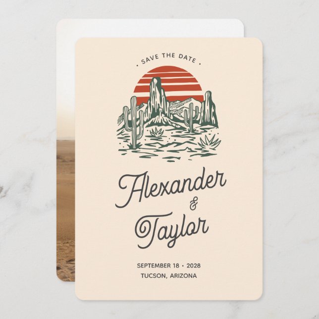 Bold Retro Vibes Saguaro Landscape Desert Wedding Save The Date (Front/Back)