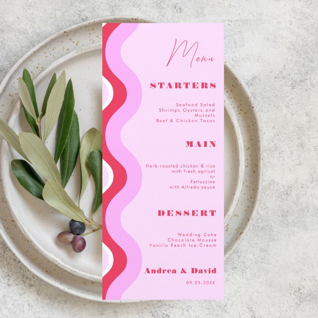 Bold Retro Wave Curvy Stripes Pink and Red Wedding Menu (Creator Uploaded)