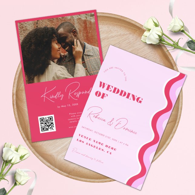Bold Retro Wave Pink and Red Photo QR Code Wedding Invitation (Creator Uploaded)