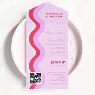Bold Retro Waves Pink & Red QR Code RSVP Wedding All In One Invitation