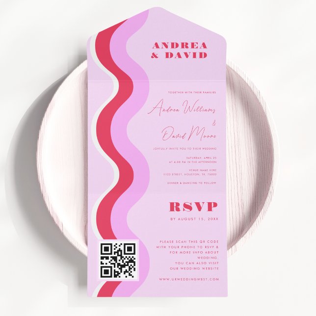 Bold Retro Waves Pink & Red QR Code RSVP Wedding All In One Invitation (Creator Uploaded)